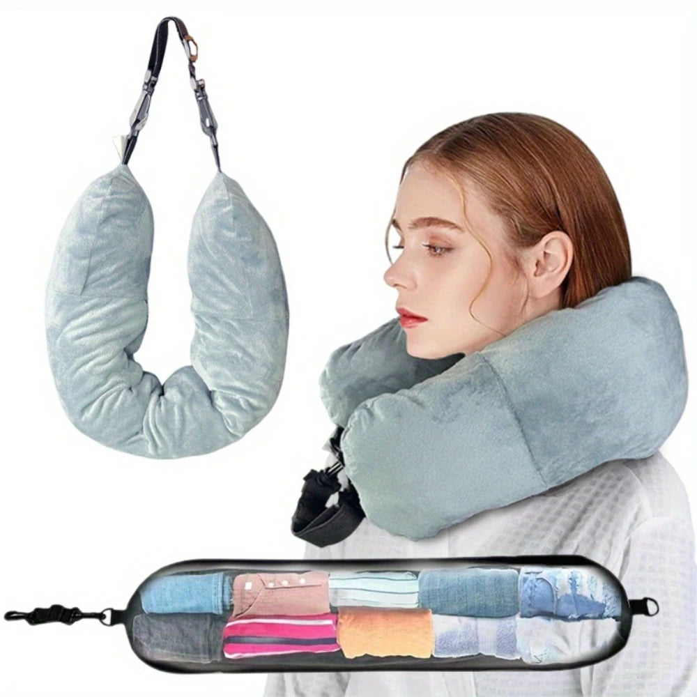 2-in-1 Neck Pillow with Hidden Storage | Refillable & Space-Saving Travel Essential