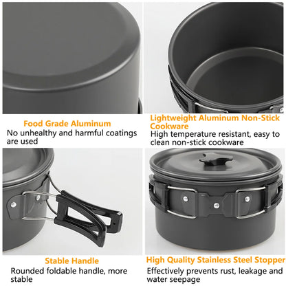 Camping Cookware & Tableware Set – Lightweight Non-Stick Outdoor Cooking Kit for 2–3 People